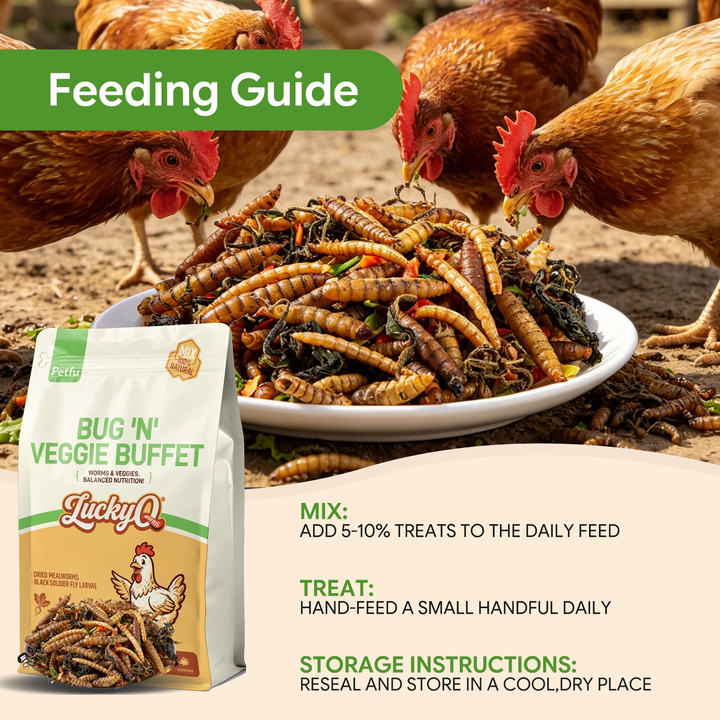 LuckyQworms Bug 'N' Veggie Buffet 5 lbs for Chickens, Wild Birds, Hedgehogs, Reptiles, Lizards, Bearded Dragons, Fish, Turtles High Protein Natural Insect Food Resealable Bag