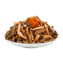 Load image into Gallery viewer, Close-up bowl of mixed chicken treats including dried mealworms, black soldier fly larvae, shrimp pieces, and marigold petals
