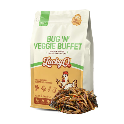 LuckyQworms Bug 'N' Veggie Buffet 5 lbs for Chickens, Wild Birds, Hedgehogs, Reptiles, Lizards, Bearded Dragons, Fish, Turtles High Protein Natural Insect Food Resealable Bag