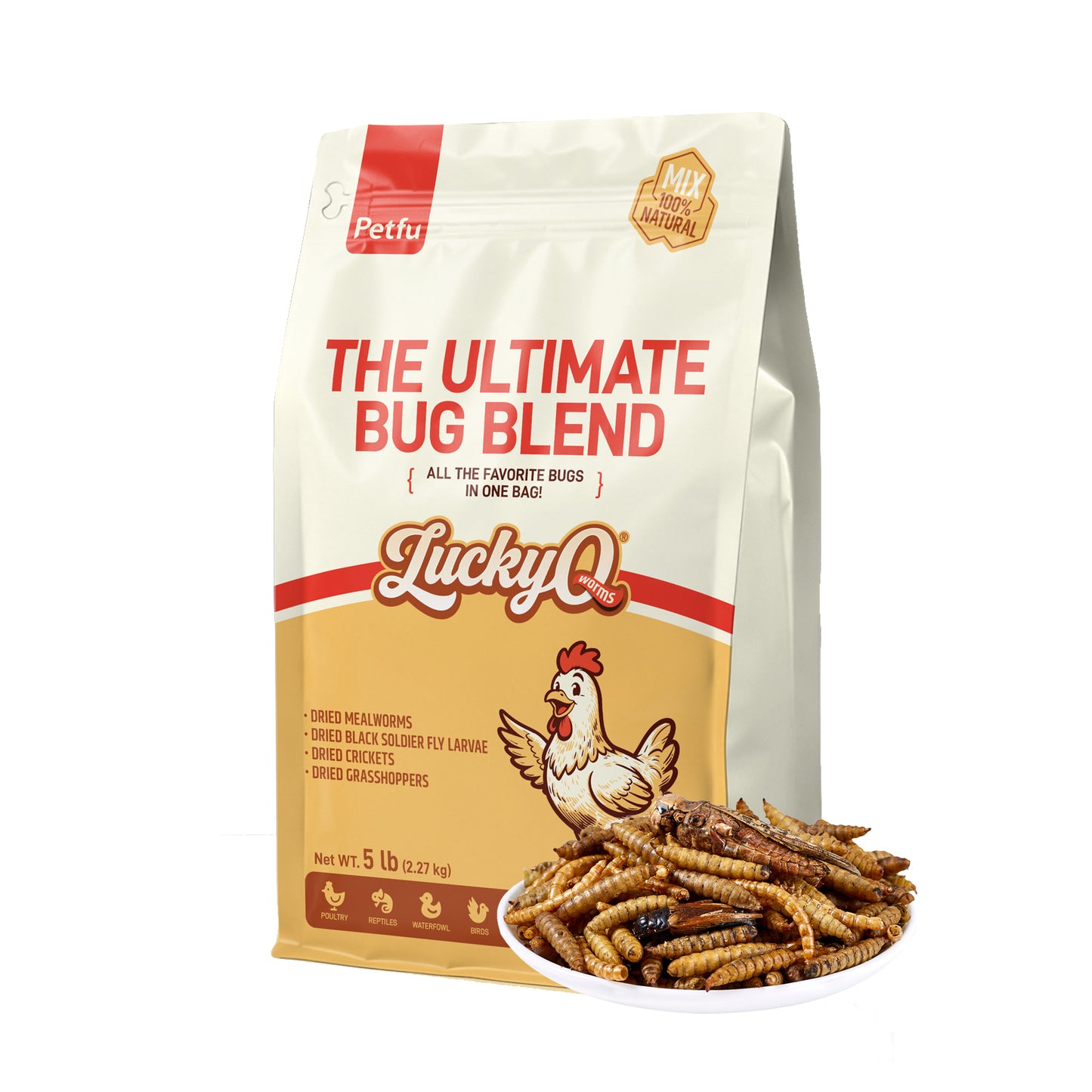 LuckyQworms The Ultimate Bug Blend 5 lbs for Chickens, Wild Birds, Hedgehogs, Reptiles, Lizards, Bearded Dragons, Fish, Turtles High Protein Natural Insect Food Resealable Bag