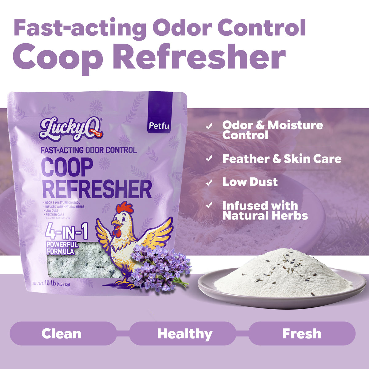 4-in-1 Coop Refresher for poultry with odor, moisture, dust, and freshness control