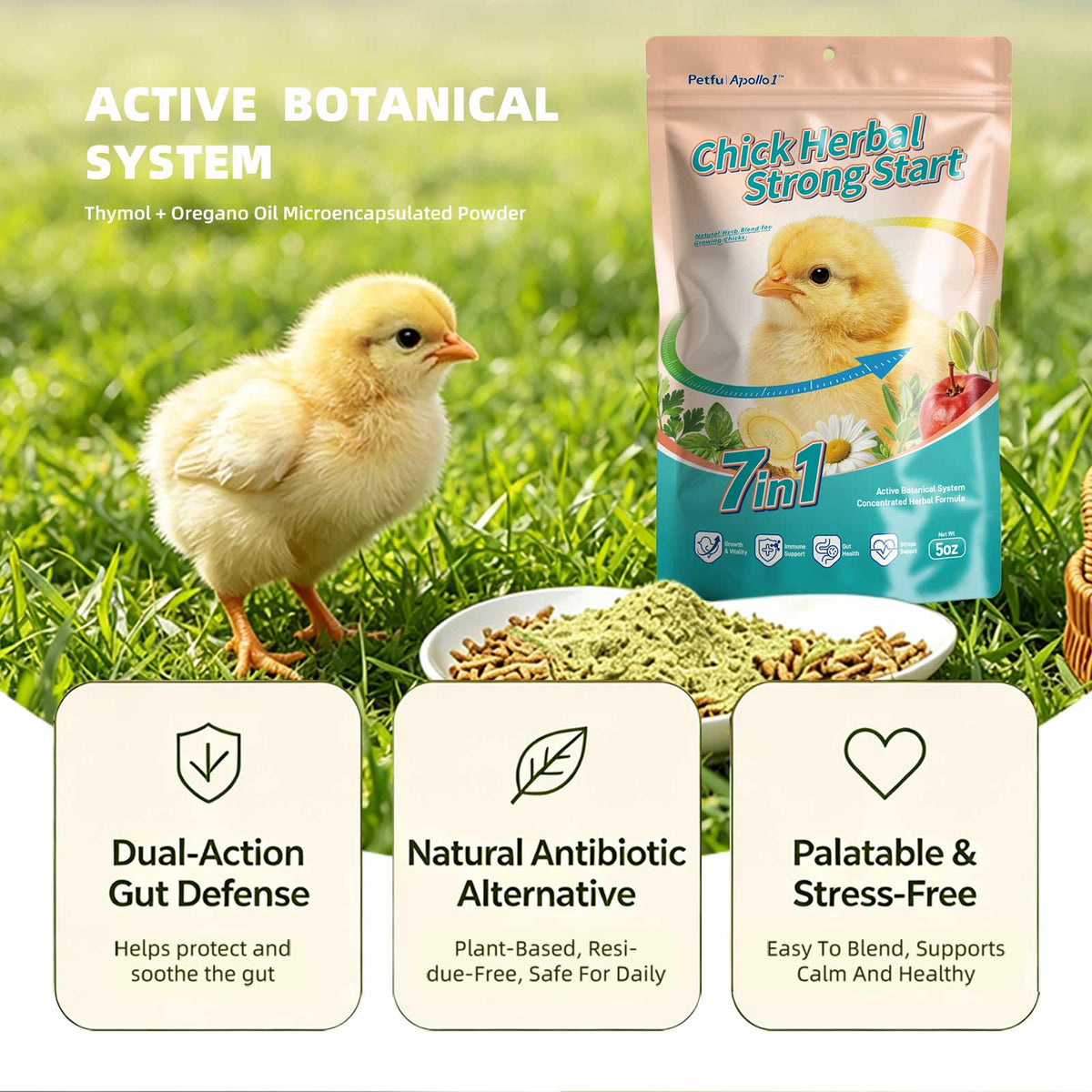 dual-action gut defense, natural antibiotic alternative, and palatable stress-free benefits.