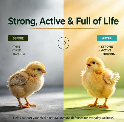 a chick supplement, a split before-and-after comparison of a yellow baby chick. 