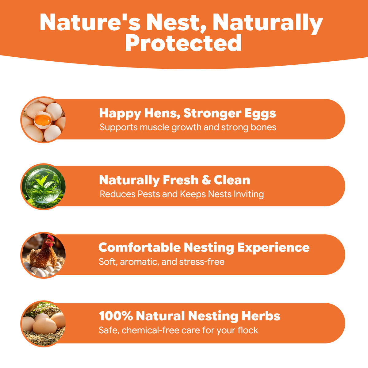 100% natural, safe for hens, keeps nests fresh, and gently deters pests