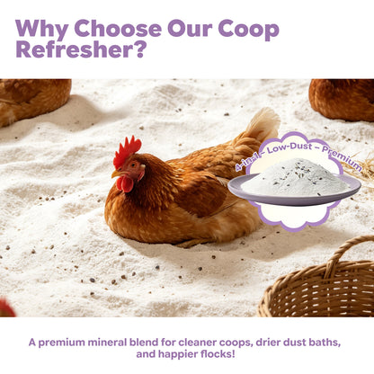 A premium mineral blend for cleaner coops, drier dust baths, and happier flocks.