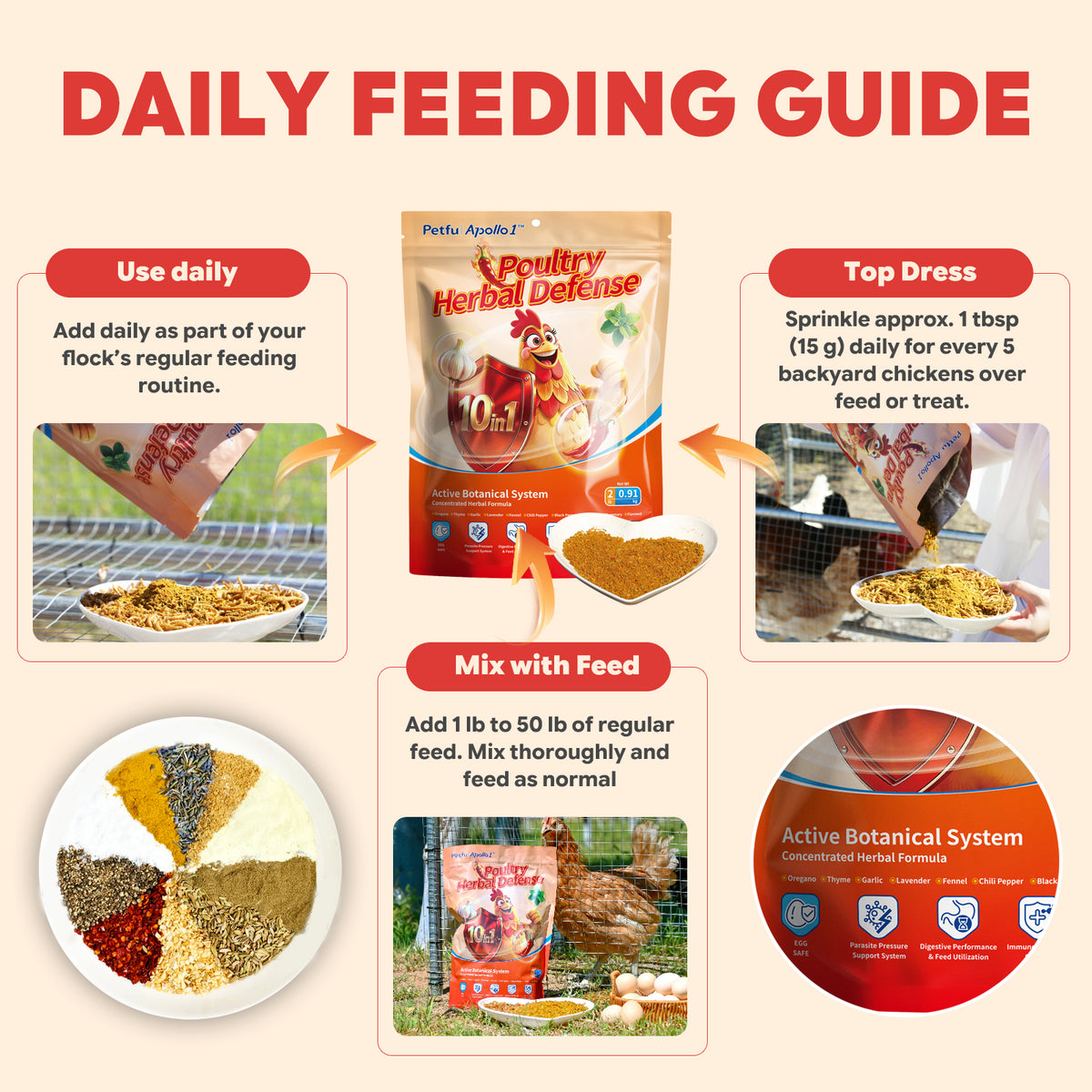 top dress or mix with regular chicken feed for backyard flock herbal 
