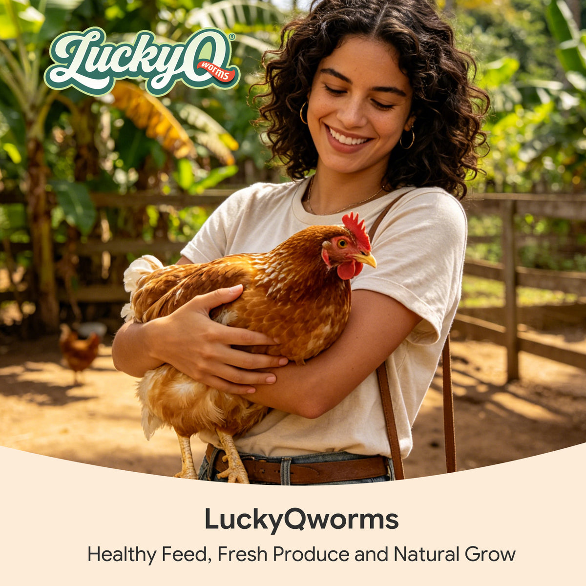 Happy flock owner feeding healthy chickens natural mealworms