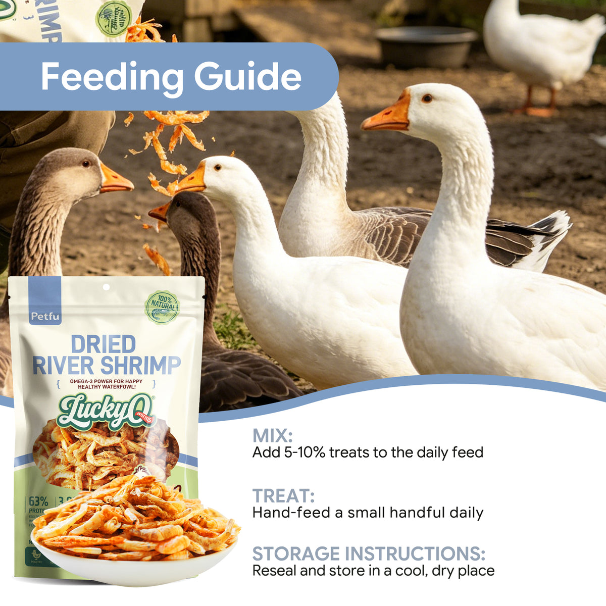 A feeding guide graphic for Petfu Dried River Shrimp treats