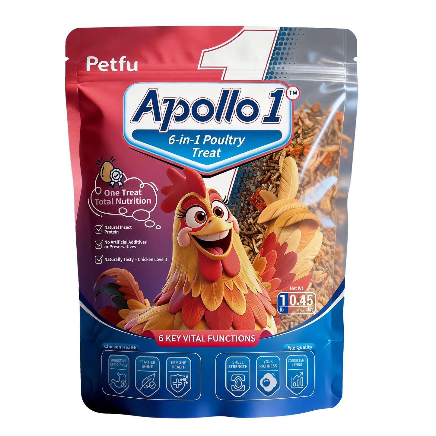 Petfu Apollo1 Series 6-in-1 Poultry Treat Mix High-Protein Mealworms, BSFL, Krill, Sunflower Seeds, Marigold Petals & Shells for Chickens & Ducks | Supports Strong Eggshells, Feather Health & Rich Yolks