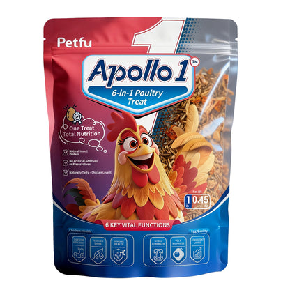Petfu Apollo1 Series 6-in-1 Poultry Treat Mix High-Protein Mealworms, BSFL, Krill, Sunflower Seeds, Marigold Petals & Shells for Chickens & Ducks | Supports Strong Eggshells, Feather Health & Rich Yolks