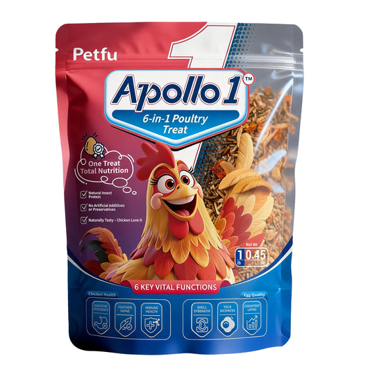 Petfu Apollo1 Series 6-in-1 Poultry Treat Mix High-Protein Mealworms, BSFL, Krill, Sunflower Seeds, Marigold Petals & Shells for Chickens & Ducks | Supports Strong Eggshells, Feather Health & Rich Yolks