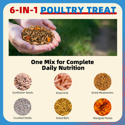 Petfu Apollo1 Series 6-in-1 Poultry Treat Mix High-Protein Mealworms, BSFL, Krill, Sunflower Seeds, Marigold Petals & Shells for Chickens & Ducks | Supports Strong Eggshells, Feather Health & Rich Yolks
