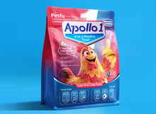 Load image into Gallery viewer, Petfu Apollo1 6-in-1 poultry treat stand-up pouch on blue background with chicken mascot and icons for digestive health and egg quality
