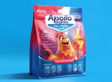 Load image into Gallery viewer, Petfu Apollo Worms 6-in-1 poultry treat stand-up pouch on blue background with chicken mascot and icons for digestive health and egg quality
