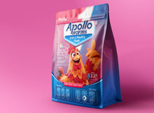 Load image into Gallery viewer, Petfu Apollo Worms 6-in-1 poultry treat bag on pink background featuring chicken mascot and six key vital function icons for hens
